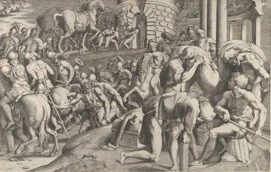 Die Trojaner ziehen das hölzerne Pferd nach Troja, 1545