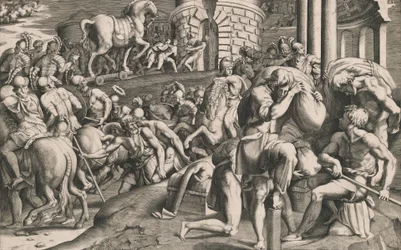 Die Trojaner ziehen das hölzerne Pferd in die Stadt, 1545