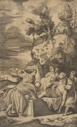 Die Grablegung Christi, die Kreuze auf Golgatha im linken Hintergrund sichtbar