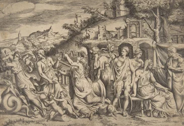 Die Geschichte von Jason und Medea, links trägt sie ihren Sohn weg, in der Mitte ist sie ..., 1531-76