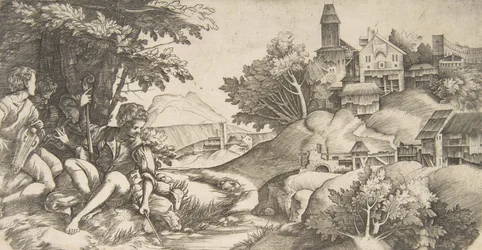 Links vier Hirten mit Musikinstrumenten unter einer Baumgruppe sitzend..., ca. 1517
