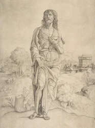 Der heilige Johannes der Täufer steht in einer Landschaft, Figuren und Gebäude im Hintergrund, ca. 1505-10