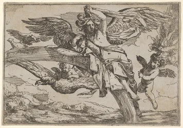 Luft, dargestellt von Iris, die auf ihrem Regenbogen ruht, begleitet von einem geflügelten Putto