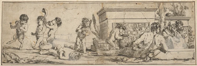 Bacchanal mit Säuglingssatyrn und Putti links, eine nackte männliche Figur liegt vorne, 1633-78