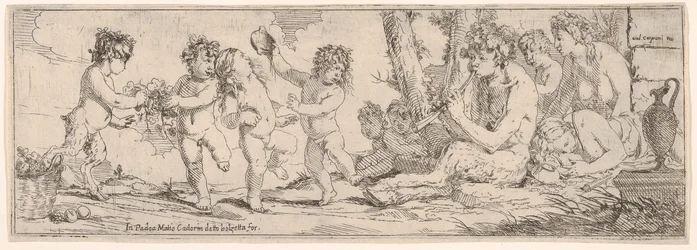 Bacchanal mit Satyr, der eine Laute spielt, umgeben von vier Figuren, die in eine Richtung schauen, 1640-60
