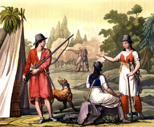 Bukanier und Frauen Freibeuter: der Pirat Jack Rackham genannt der Rote oder John Rackham, besser bekannt als Calico Jack (? -1720) dargestellt mit Anne Bonny (Bonney) und Mary (Marc) Read in Westindien. Tafel aus „Das alte und moderne Kostüm“ von Ferrario