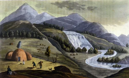 Landschaft von Lappland (Gebiete von Norwegen, Schweden, Finnland und Russland), Behausungen der indigenen (Sami) in „Das alte und moderne Kostüm“ von Ferrario, ed. Mailand