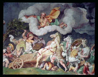 Achilles zieht den Körper von Hector auf seinem Streitwagen, Detail von der Decke der Sala di Troia, ca. 1538