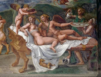 Amor und Psyche mit ihrer Tochter Voluptas (Vergnügen) auf dem Bett liegend, Detail aus Hochzeitsfest oder Bankett der Götter, Fresko von Giulio Romano (1499-1546), Palazzo Te, Mantua (UNESCO-Welterbeliste, 2008), Lombardei, Italien