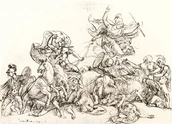 Diomedes, verwundet von Pandarus, wird von Pallas Athene getröstet