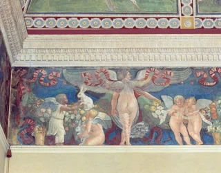 Fries aus der Camera con Fregio di Amorini, Kammer mit dem Amorettenfries, Detail zweier Amoretten, von denen einer Schwarz ist, beim Spiel mit Kaninchen, 1520er Jahre