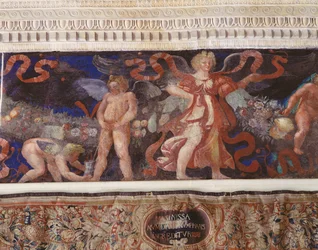 Fries aus der Camera con Fregio di Amorini (Detail eines Cupidos, der in einen Krug uriniert)