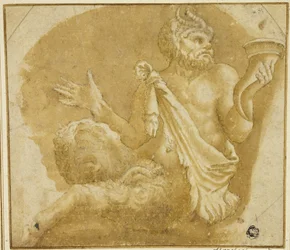 Sitzender Faun mit Füllhorn (recto); Skizze von Baum und Haus (verso)
