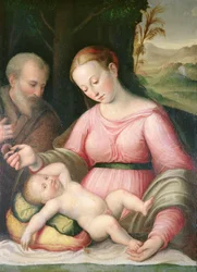 Die Heilige Familie in einer bergigen Landschaft