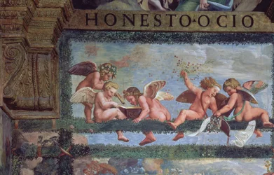 Das rustikale Bankett: Putti machen Musik (Detail)
