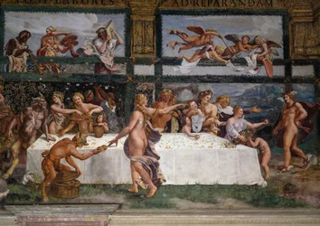Hochzeitsfest oder Bankett der Götter, Fresko von Giulio Romano, Westwand der Kammer von Amor und Psyche, Palazzo Te, Mantua, Lombardei, Italien