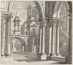 Architektonische Fantasie mit Gebäuden, Treppen und Portalen an einem Kanal