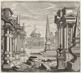 Architektonische Fantasie mit Obelisken, Ruinen und einem Platz