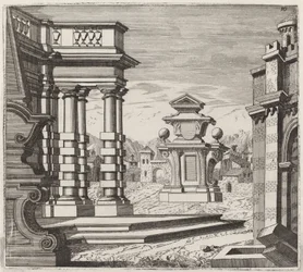Architektonische Fantasie mit Portalen und Denkmälern