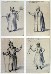 Kostümentwurf für klassische Figuren. Oben L: Aristarchos. Oben R: Aristoteles. Guiseppe Arcimboldo (c1530-1593) italienischer Maler.