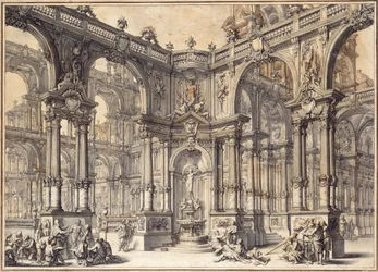 Der Portikus eines italienischen Palastes mit einem Brunnen, dekoriert mit einer Statue des Glücks