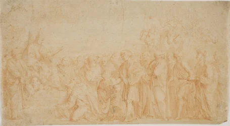 Ein thronender Papst empfängt Huldigung von einer Menge