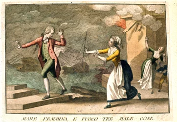 Das Sprichwort: „Das Meer, Frauen und Feuer: die drei Übel“. Gravur des 18. Jahrhunderts, die eine Reihe von Sprichwörtern illustriert. Giuseppe Piattoli (1740/50-1818)
