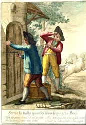 „Es hat keinen Sinn, den Stall zu schließen, wenn die Pferde entkommen sind.“ Gravur des 18. Jahrhunderts, die eine Reihe von Sprichwörtern illustriert. Giuseppe Piattoli (1740/50-1818)