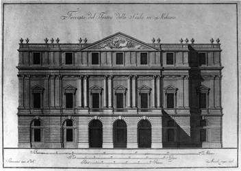 Zeichnung der Außenarchitektur der Fassade des Teatro alla Scala in Mailand, realisiert von Giuseppe Piermarini.