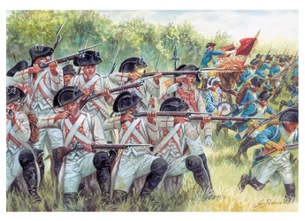 Amerikanischer Unabhängigkeitskrieg: französische Regimenter kämpfen mit Amerikanern - Illustration von Giuseppe Rava