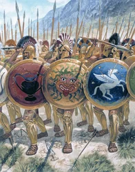 Antikes Griechenland: Der Vormarsch der Hopliten - Illustration von Giuseppe Rava