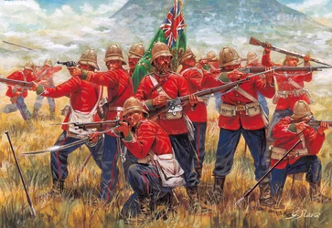 Anglo-Zulu-Krieg: Soldaten des Britischen Empire in der Schlacht von Isandhlwana (Isandlwana oder Isandula) in Südafrika, 22.01.1879 - Illustration von Giuseppe Rava