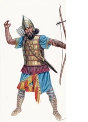 Antike: Schwerer Bogenschütze von Assyrien - Assyrischer schwerer Bogenschütze - Illustration von Giuseppe Rava