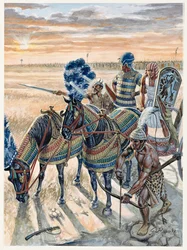 Ägyptische Antike: Darstellung des Pharaos Ramses II. mit seiner Armee - Illustration von Giuseppe Rava