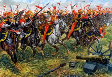 Erstes Kaiserreich: 2. Regiment der leichten Kavallerie-Lanzen der Kaiserlichen Garde Napoleons I. in der Schlacht von Waterloo am 18.06.1815 - Illustration von Giuseppe Rava