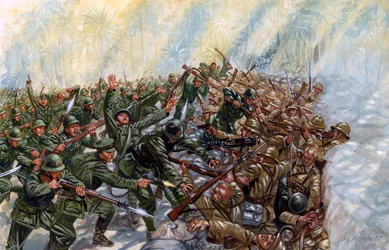 Französisch-Thailändischer Krieg (1940-1941): Schlacht zwischen der Armee Thailands und der französischen Armee der Vichy-Regierung in Indochina - Illustration von Giuseppe Rava