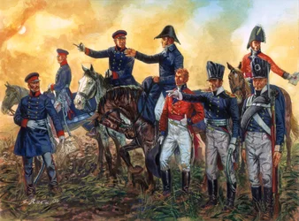 Napoleonische Kriege: Arthur Wellesley, Herzog von Wellington (1769-1852) kommandiert britische Truppen und Gebhard Leberecht von Blücher (1742-1819) kommandiert die preußische Armee in der Schlacht von Waterloo am 18. Juni 1815 (Illustration)