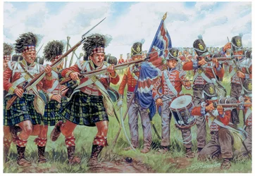 Napoleonische Kriege: Schottische und britische Soldaten in der Schlacht von Waterloo am 18. Juni 1815 (Illustration von Giuseppe Rava)