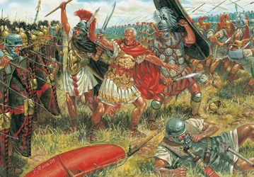 Römische Antike: Julius Cäsar (100-44 v. Chr.) gewinnt am 17. März 45 v. Chr. in Südspanien die Schlacht von Munda gegen die Anhänger der Republik - Illustration