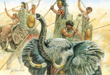 Römische Antike: Die Elefanten Hannibals - Darstellung der Elefanten, die General Hannibal (247-183 v. Chr.) 218 v. Chr. während des Zweiten Punischen Krieges die Alpenüberquerung ermöglichten - Illustration von Giuseppe Rava