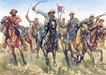 Sezessionskrieg (1861-1865) - Amerikanischer Bürgerkrieg: die konföderierte Kavallerie im Angriff - Illustration von Giuseppe Rava