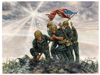 Zweiter Weltkrieg, Pazifikkrieg: Schlacht um Iwo Jima, Sieg der US-Marines im Februar 1945 - WWII, Pazifikkrieg: Schlacht um Iwo Jima (Operation Detachment), die US-Marines hissen die amerikanische Flagge, Februar 1945, Japan - Illustration von Giuseppe Ra
