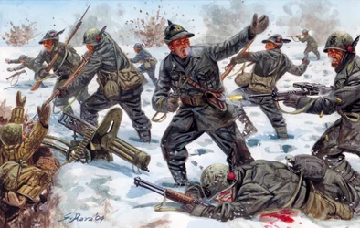 Zweiter Weltkrieg, Russische Front: Italienische Gebirgsjäger in Russland im Januar 1943 - Illustration von Giuseppe Rava