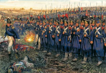 Der Angriff der Mittleren Garde gegen Wellingtons Zentrum in der Schlacht bei Waterloo am 18. Juni 1815