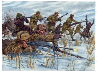 Zweiter Weltkrieg: Russische Infanteriesoldaten rücken auf dem Schlachtfeld vor - Illustration von Giuseppe Rava