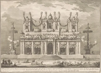 Die zweite Festmaschine für die Chinea von 1765: ein verziertes Gebäude mit Kletterstangen des Schlaraffenlandes