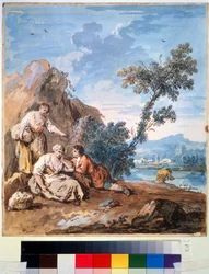 Drei Bauern ruhen sich am Flussufer aus