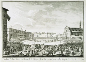 Festa della Corsa dei Cocchi auf der Piazza Santa Maria Novella. Das Fest der Corsa dei Cocchi auf dem Platz der Kirche Santa Maria Novella in Florenz. Zeichnung von Giuseppe Zocchi (1711-1767). Florenz, Biblioteca Riccardiana.