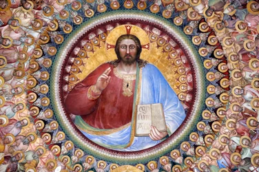 Das Baptisterium von Padua. Deckenfresken 14. Jahrhundert von Giusto de Menabuoi. Das Paradies. Christus mit Engeln, Patriarchen, Propheten und Heiligen. (Detail) Padua. Italien.