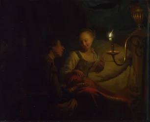 Eine Kerzenszene. Ein Mann bietet einem Mädchen auf einem Bett eine Goldkette und Münzen an, ca. 1665-1667